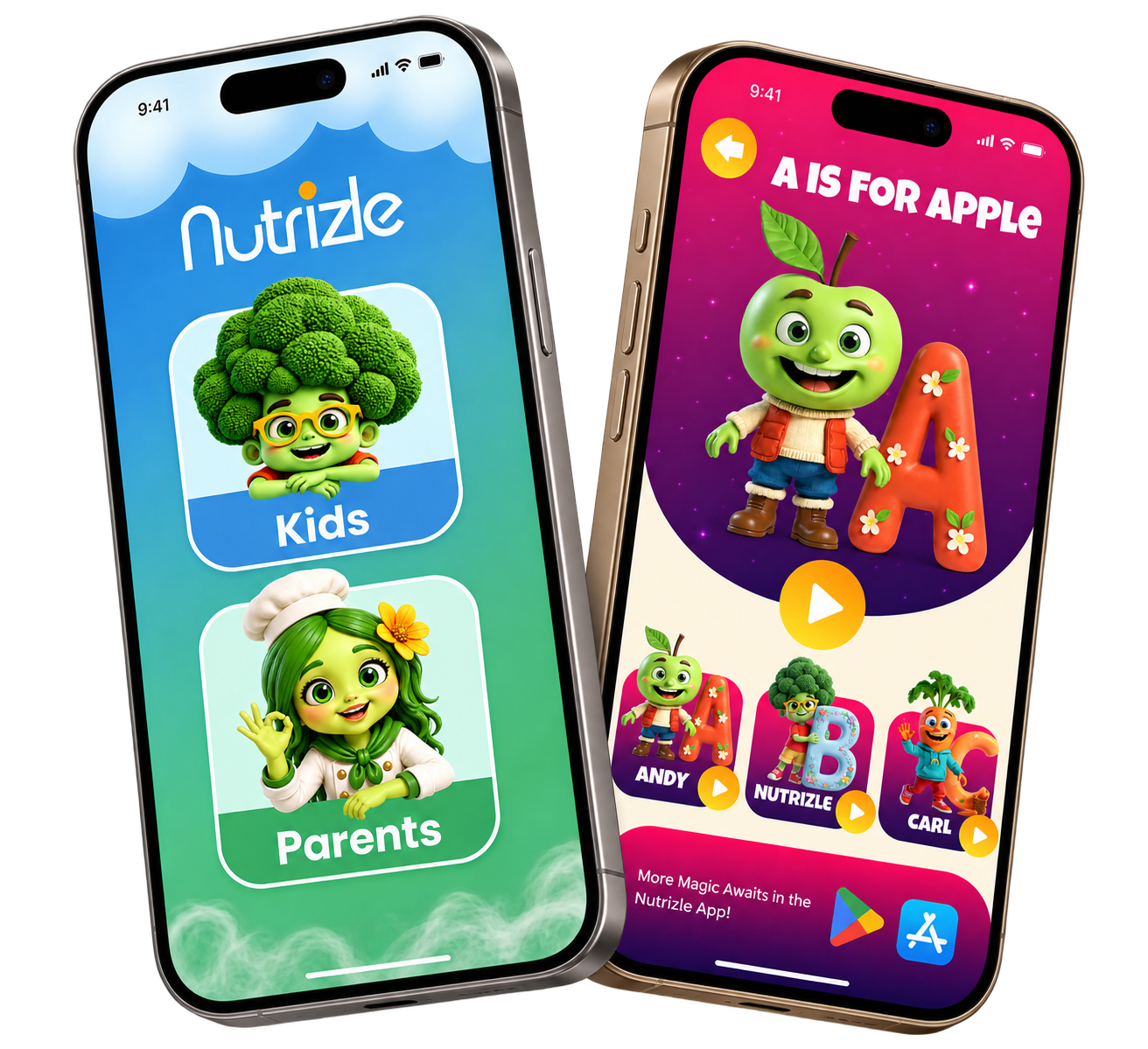 Nutrizle's family app and interactive children's book on two phones