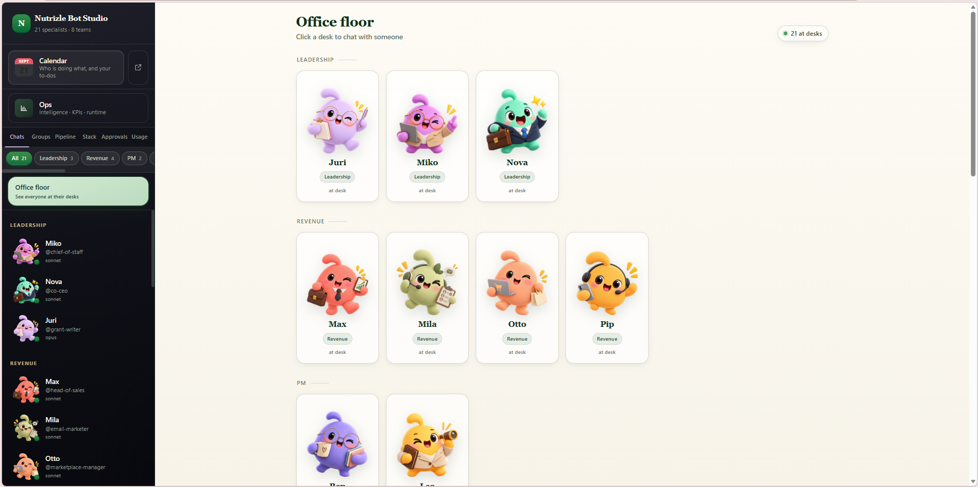 Nutrizle AI workspace overview with specialist roles