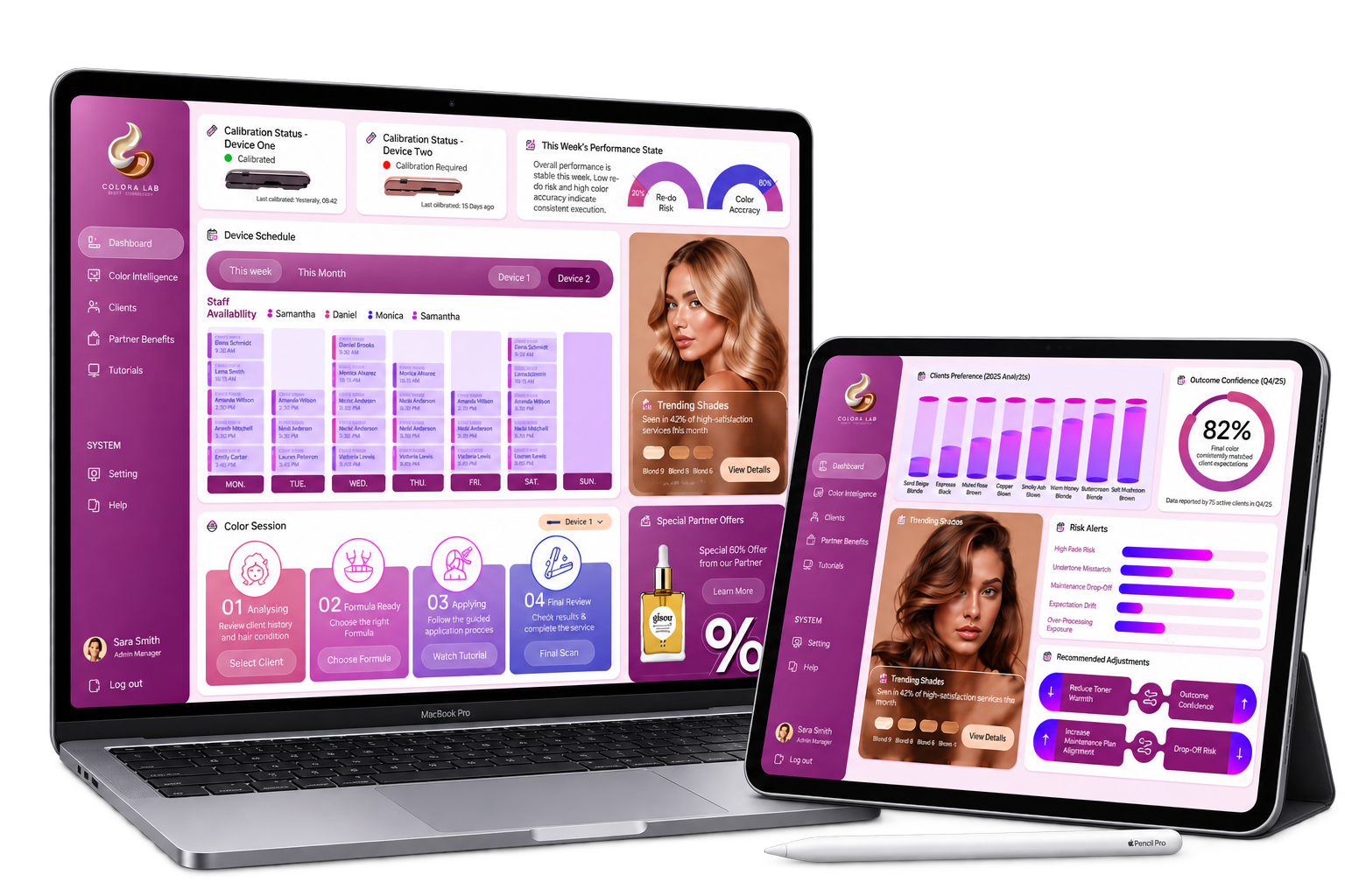 Colora Lab salon management interface on a laptop and tablet